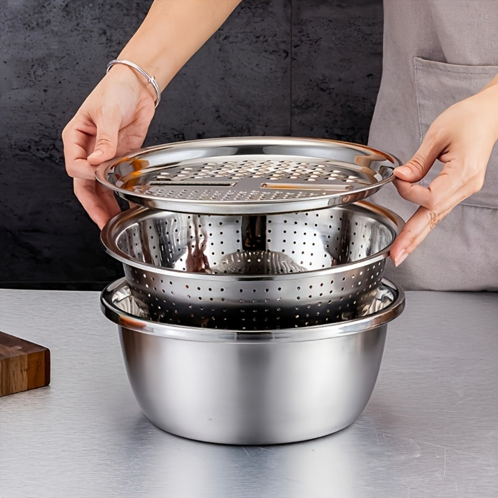 Stainless Steel Kitchen Tool Set 3pcs – Built-In Grinder, Colander Filter & Mixing Bowl for Washing, Slicing & Draining Fruits, Vegetables & Cheese, Food-Safe Drainage System