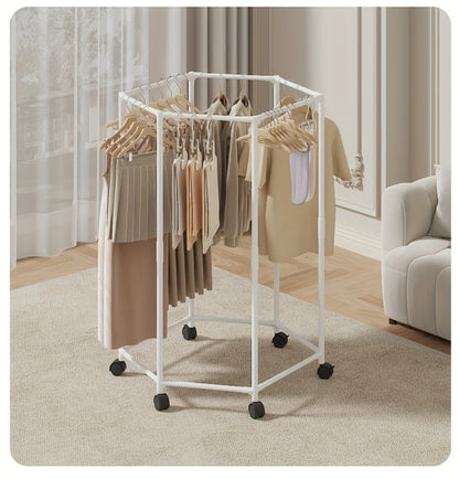 Rotating Clothes Rack Freestanding Vertical Clothing Hanging Rack Space Saving Laundry Rack with Mesh Bag Black White Rotatable Garment Rack for Small Apartment Bedroom Closet