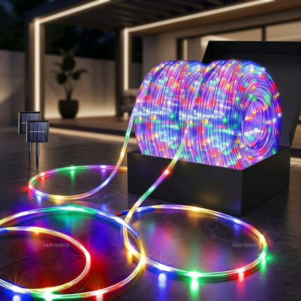 Outdoor Solar LED String Lights Waterproof – Flexible Fairy Lights 23FT to 105FT for Pool, Fountain, Garden, Patio & Wedding Decor – Neon Blue, White, RGB & Amber Colors