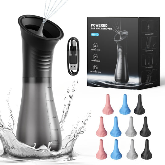 Electric Ear Wax Remover Rechargeable - LED Battery Display, 3 Pressure Levels, Integrated Waste Water Tank, Gentle Earwax Cleaning Tool for Home Use - Safe Ear Irrigation Cleaner for Adults & Kids