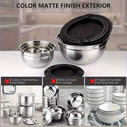 Stainless Steel Mixing Bowls with Airtight Lids Set of 14 Seven Nesting Bowls 0.7 to 4.5QT for Mixing Serving Salad Food Prep Kitchen Storage