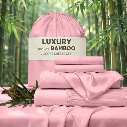 Cooling Bed Sheet Set 4 Piece Bamboo Rayon Deep Pocket Twin Full Queen King Extra Soft Wrinkle Fade Stain Resistant Hotel Luxury Pillowcase Bedroom Decor