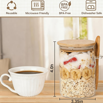 Overnight Oats Jars with Bamboo Lids & Spoons, 500ml Glass Meal Prep Containers — Dessert Bowl Set for Chia Pudding, Salad, Cereal, Yogurt & Sourdough Starter | 4 or 6 Pack