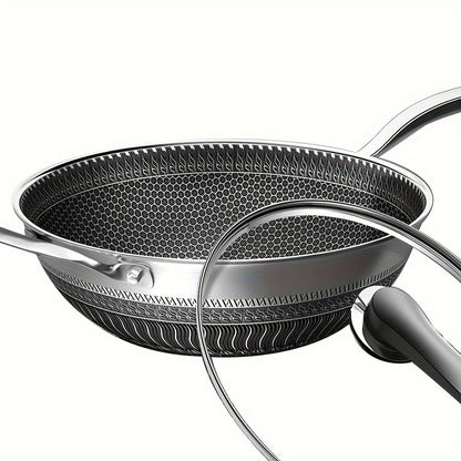 Stainless Steel Wok 13.3 Inch Honeycomb Non-Stick with Lid Spatula & Pot Brush – All Cooktop Compatible Stir Fry Pan | Induction Gas Electric Ceramic | Complete Kitchen Wok Set Cooking Accessories