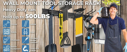Garage Tool Organizer Wall Mount 48" – Heavy Duty Pegboard with Adjustable Swivel Hooks, 1 Double Hook & 5 Straight Hooks, Holds 420lbs, Broom Holder for Yard Tools, Shovels, Hoses & Garden Equipment