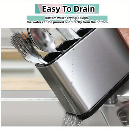 Utensil Holder Stainless Steel Cutlery Organizer 4-Compartment Countertop Caddy Anti-Slip Drain Holes for Kitchen Forks Knives Spoons Chopsticks