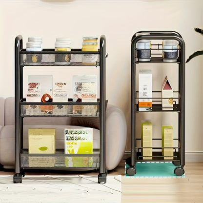 Rolling Storage Cart on Wheels – 3/4/5 Tier Carbon Steel Wire Basket Trolley, Black Metal Utility Cart for Kitchen, Bathroom, Bedroom, Office & Living Room, Space-Saving Detachable Shelving Unit