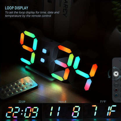 Digital Wall Clock RGB Neon LED 9.7" Large Display – Aesthetic Alarm Clock with Remote Control, Adjustable Brightness, Date & Temperature Display for Bedroom, Living Room, Office & Gym