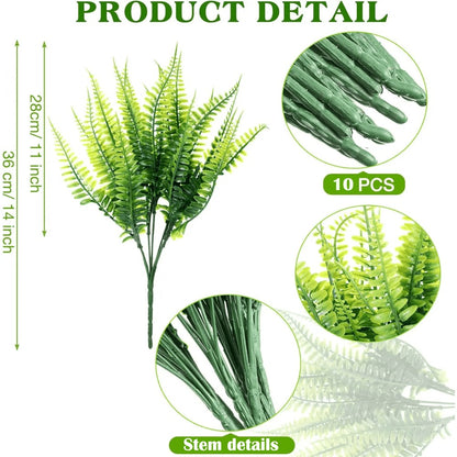 Artificial Boston Fern Plants 10 Pack – Fake Faux Ferns for Indoor Outdoor Home Garden Office Porch Decor