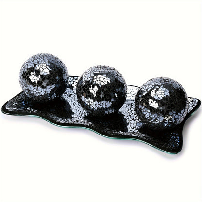 Decorative Glass Balls for Bowls 3 Inch Set of 3 with Glass Tray, Bowl Fillers Centerpiece Table Decorations for Home Decor Living Room Dining Coffee Table, Silver Black Gold Green