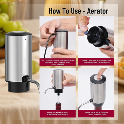 Electric Wine Opener Gift Set 7-in-1 Rechargeable Automatic Corkscrew Stainless Steel with Aerator Pourer Vacuum Stoppers Foil Cutter Storage Base
