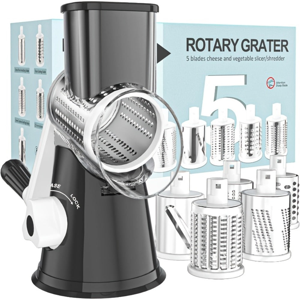 Rotary Cheese Grater with Hand Crank – 3 Interchangeable Blades for Cheese, Vegetables & Nuts, Non-Slip Suction Base, Includes Cleaning Brush – Manual Cheese Shredder for Kitchen (6 Colors)
