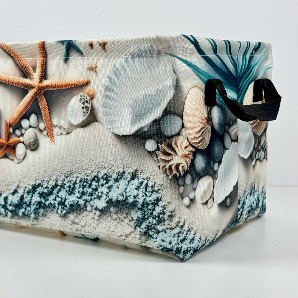 Storage Basket Fabric Organizer Bin – Beach Shell & Starfish Design for Shelf, Laundry, Nursery, Home Office, Dorm, Books, Clothes & Gifts