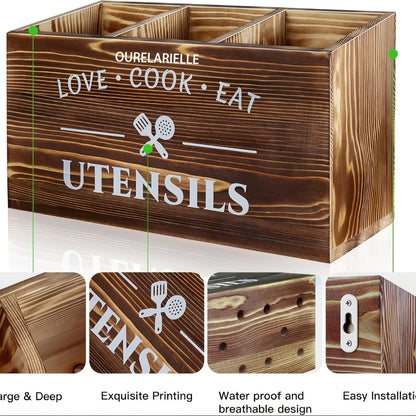 Wooden Cutlery Storage Box with Grid Compartments Chopstick Organizer Rack with Metal Accents for Kitchen Drawer Bedroom Desk Home Organization in Natural White Black