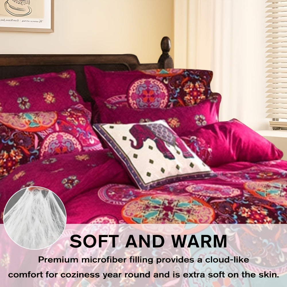 Bohemian Floral Quilt Comforter Set – Soft Microfiber Lightweight Bedding for All Seasons, Twin Queen King – Rose Red, Scarlet & Dark Pink