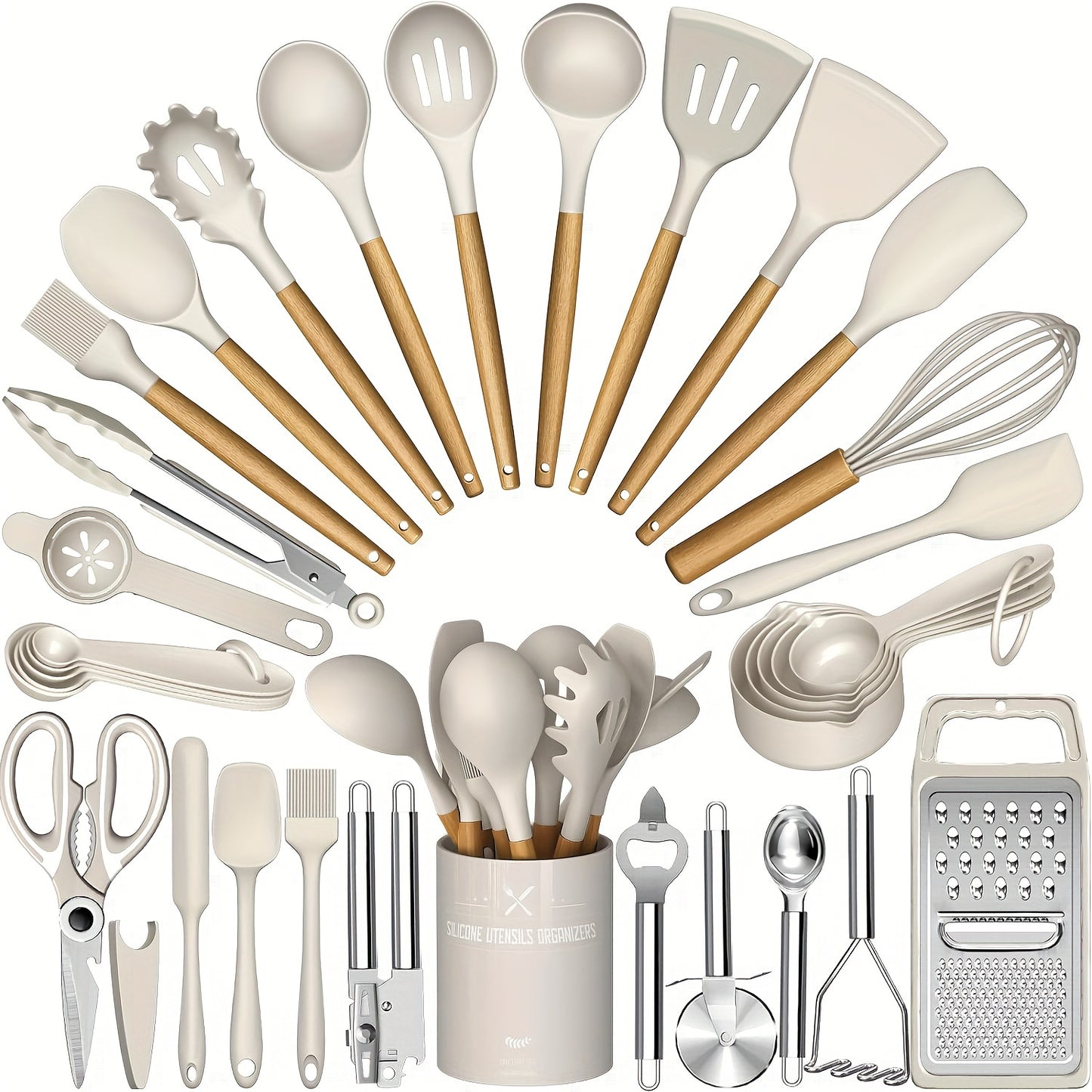 Silicone Kitchen Utensils Set 34-Piece with Holder – Heat Resistant Cooking Spatula Tools for Nonstick Cookware | Wooden Handle Kitchen Gadgets | Father's Day & Housewarming Gift