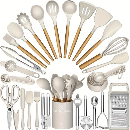 Silicone Kitchen Utensils Set 34-Piece with Holder – Heat Resistant Cooking Spatula Tools for Nonstick Cookware | Wooden Handle Kitchen Gadgets | Father's Day & Housewarming Gift
