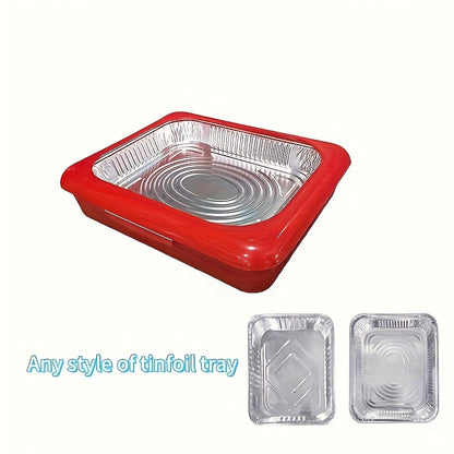 Aluminum Foil Tray with Lid - 2-in-1 Stackable BBQ Salad Serving Container for Picnic Party Kitchen, Rectangular Disposable Food Tray Black White Red