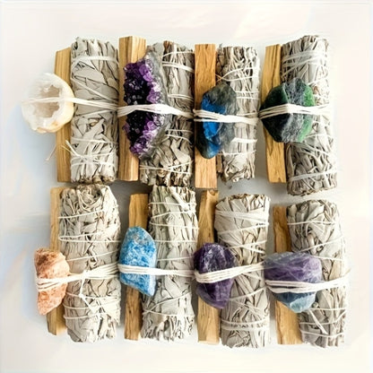 Natural Crystal White Sage Smudge Set for Space Cleansing Home Rituals Meditation Decor Teacher Appreciation Easter Gift Random Crystal