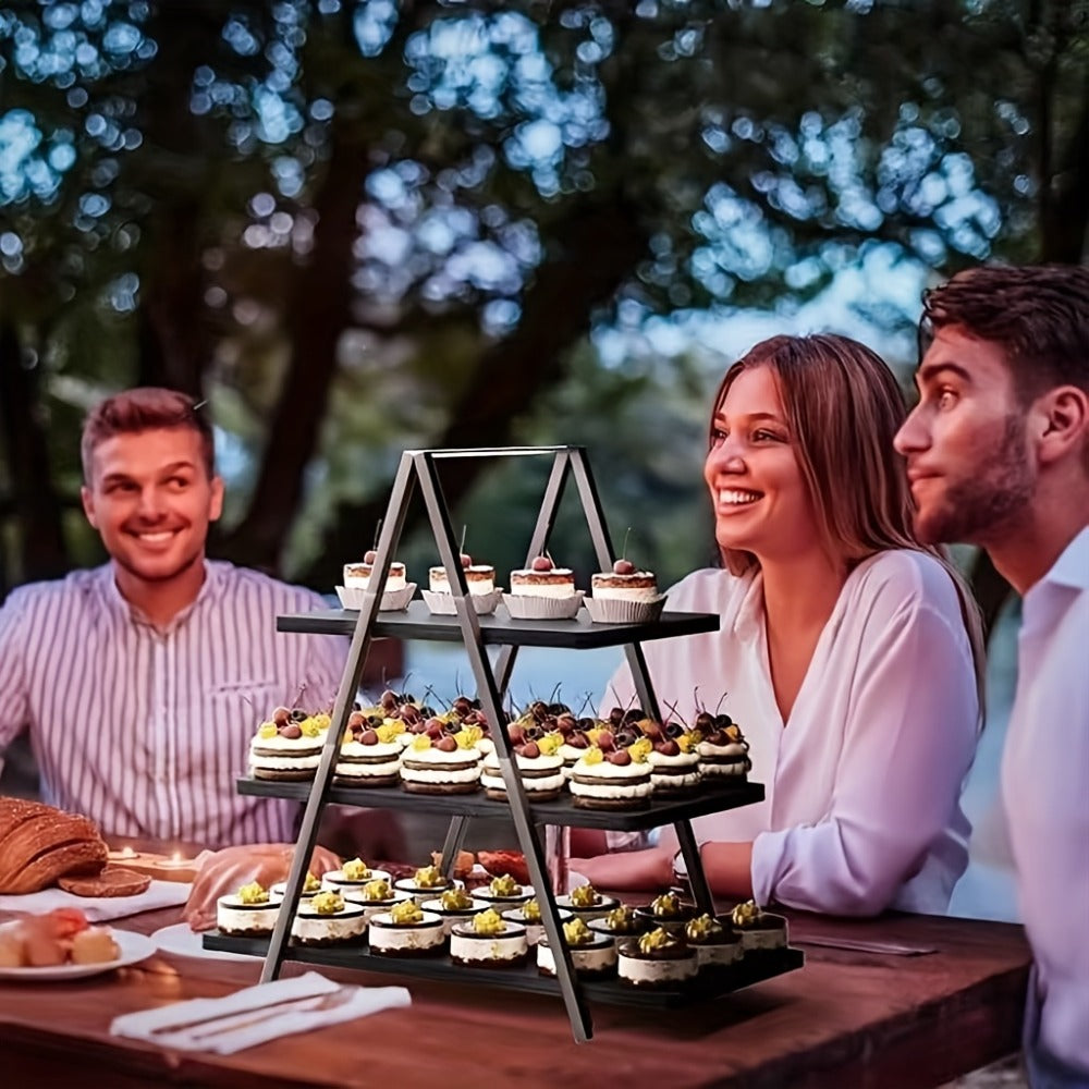 3-Tier Wooden Cupcake Stand – Holds 50 Cupcakes, Dessert Display Rack for Wedding, Birthday Party & Halloween, Rustic Wood Cake Stand in Black, White & Brown