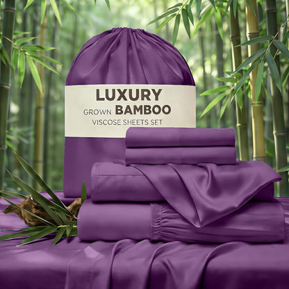 Cooling Bed Sheet Set 4 Piece Bamboo Rayon Deep Pocket Twin Full Queen King Extra Soft Wrinkle Fade Stain Resistant Hotel Luxury Pillowcase Bedroom Decor