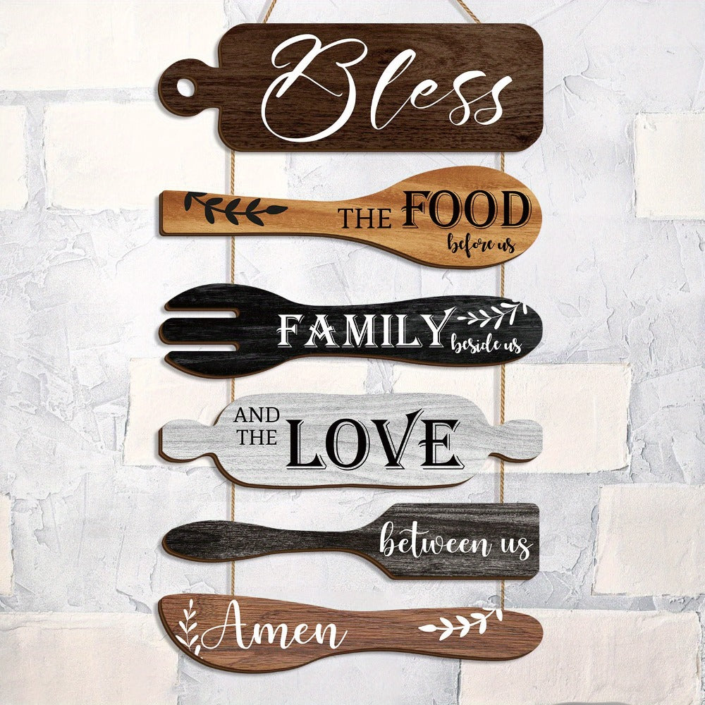 Farmhouse Wall Decor Wood Sign Set - "Bless The Food Before Us" Rustic Kitchen Dining Room Hanging Plaque, 6-Piece Rope Wood Board Art, Housewarming Thanksgiving Gift for Home