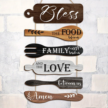 Farmhouse Wall Decor Wood Sign Set - "Bless The Food Before Us" Rustic Kitchen Dining Room Hanging Plaque, 6-Piece Rope Wood Board Art, Housewarming Thanksgiving Gift for Home