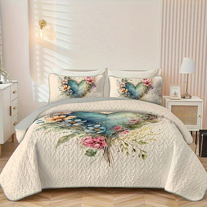 Floral Watercolor Quilt Set – Heart Botanical Print, Soft Breathable Hypoallergenic Bedspread, Twin Full Queen King, All Seasons – Romantic Bedroom Decor