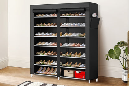 Shoe Rack Organizer 9 Tier Double Row Large Capacity Holds 42 Pairs Nonwoven Fabric Dust Cover Portable Shoe Cabinet Space Saving Easy Assembly for Home Bedroom Closet Dormitory Black