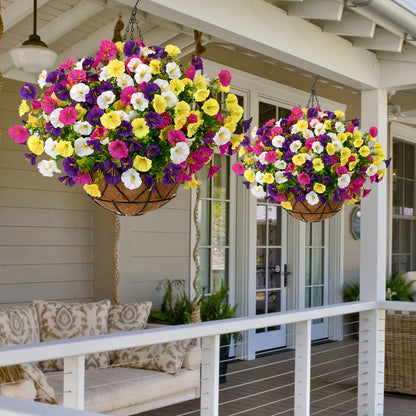 Artificial Hanging Flowers Outdoor UV-Resistant Fake Petunias with Planter Basket – Realistic Faux Hanging Plants for Garden Patio Porch Balcony Railing Decor