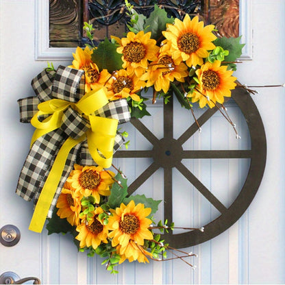 Sunflower Bow Wreath for Front Door - Handcrafted Thanksgiving Wreath with Natural Look, Fall Seasonal Home Decor, Easy Installation Door Hanging Decoration
