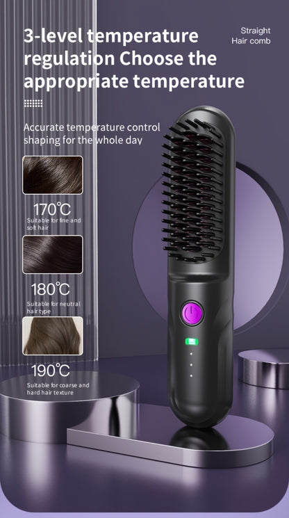 Wireless Hair Straightener Comb - Portable Cordless Straightening Brush with 3-Min Fast Heat, 3 Temp Settings 170-190°C, Negative Ion Technology, 3D Comb Design, Lightweight Travel Hair Straightener