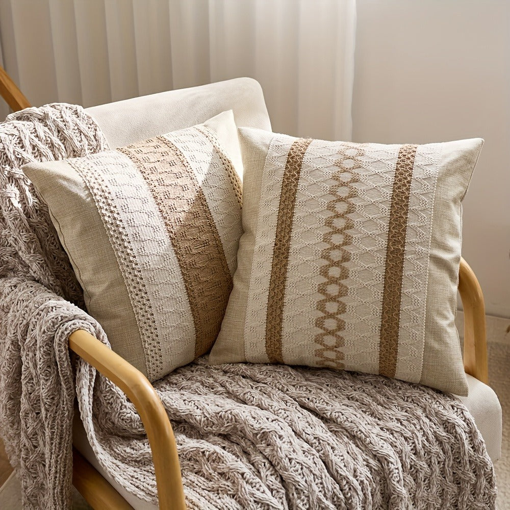 Throw Pillow Covers 2 Pack Boho Geometric Brown Beige 18x18 – Bohemian Decorative Pillow Cases with Zipper Closure – Soft Polyester Cushion Covers for Sofa Couch Bedroom Living Room Boho Home Decor