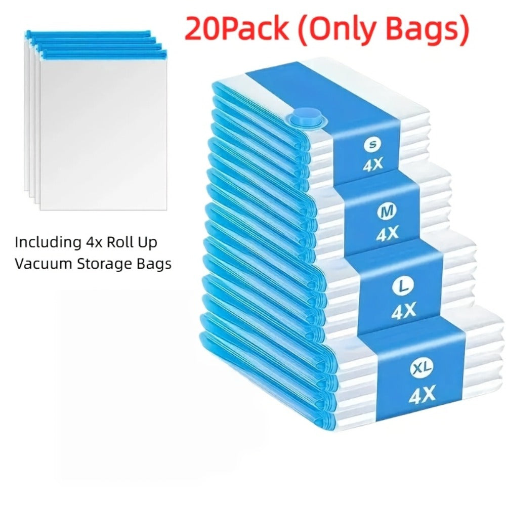 Vacuum Storage Bags with Air Pump, 20-21 Pack Reusable Compression Bags for Clothes, Quilts & Blankets — 4 Sizes Space-Saving Storage for Travel, Moving & Organizing | Transparent