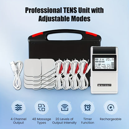 TENS EMS Unit Rechargeable Pain Relief Device, 20 Intensity Levels 48 Modes Electric Muscle Stimulator for Back Neck Shoulder Knee Wrist Pain, 8 Electrode Pads & Carry Case Included