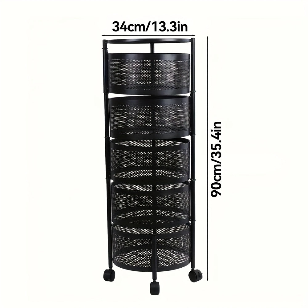 Rotating Storage Rack Multi-Tier Rolling Cart – 360° Swivel Round Floor Standing Organizer with 4 or 5 Layers, Vegetable Basket & File Rack for Kitchen, Bathroom, Office & Living Room (Black / White)