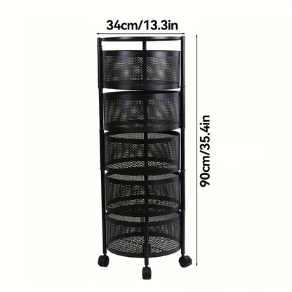 Rotating Storage Rack Multi-Tier Rolling Cart – 360° Swivel Round Floor Standing Organizer with 4 or 5 Layers, Vegetable Basket & File Rack for Kitchen, Bathroom, Office & Living Room (Black / White)