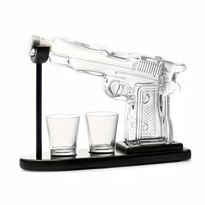 Whiskey Gun Decanter Set 10oz with 2 Bullet Shot Glasses & Wooden Stand, Handgun Shaped Liquor Decanter for Home Bar, Unique Novelty Gift for Men, Dad, Birthday & Valentine's Day