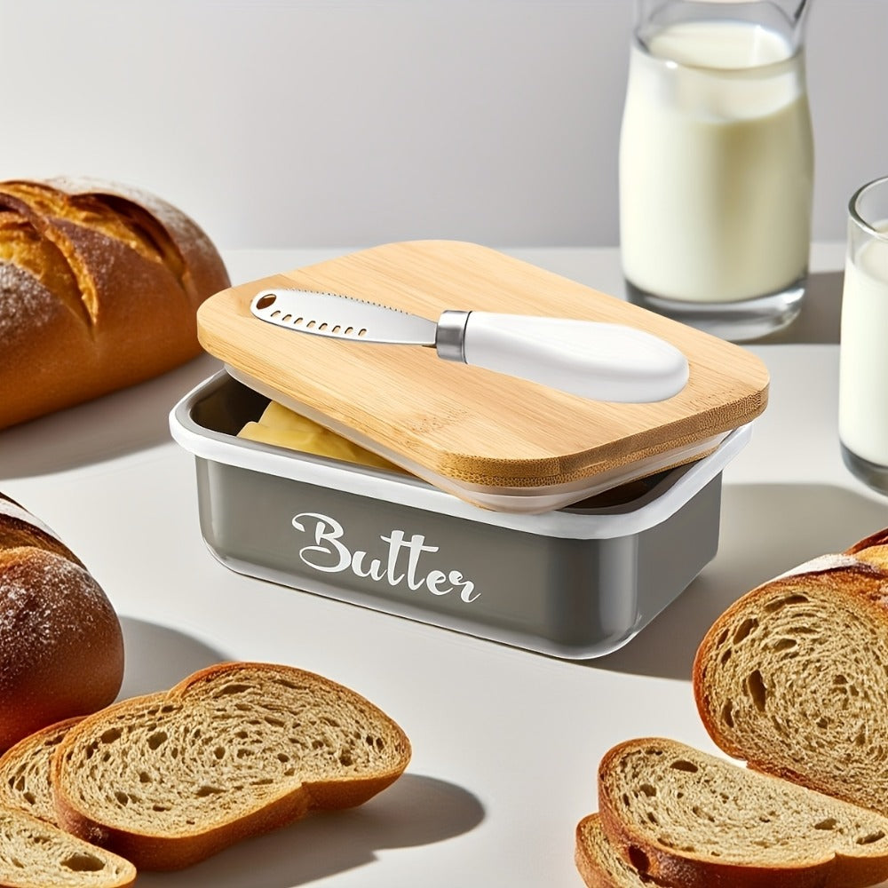 Butter Dish with Bamboo Lid & Knife, Iron Airtight Butter Keeper & Cheese Storage Box — Large Capacity Kitchen Counter Butter Container | Holiday Gift | Black, Gray, Green