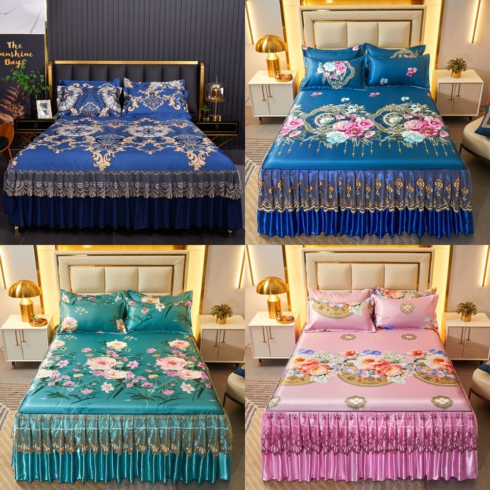 Floral Ruffle Bed Skirt Cool Mat 3 Piece Set with Pillowcase, Double Layer 360° Full Wrap Washable Cooling Mattress Cover, Breathable Summer Bedding Set for Twin Full Queen King, Parisian Romantic Floral