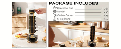 Espresso Cups Set of 6 with Saucers, Spoons & Metal Stand, 4oz Stackable Ceramic Cappuccino Mugs for Double Espresso, Lungo & Afternoon Tea – Matte Black & Matte White