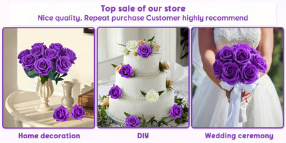 10pcs Artificial Silk Roses Bulk - Fake Flowers for Wedding Home Decor, 19.69" Long Stem, Deep Purple & Dark Green