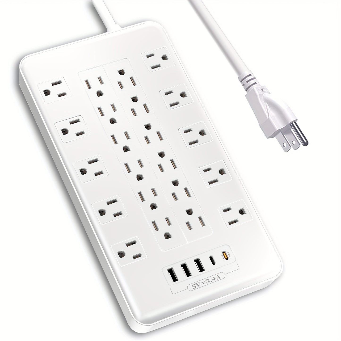 Surge Protector Power Strip with USB C Ports 22 AC Outlets 5 USB Ports - 6ft Flat Plug Extension Cord PD 20W Fast Charging 1875W 15A - Heavy Duty Wall Mount Under Desk Power Strip White
