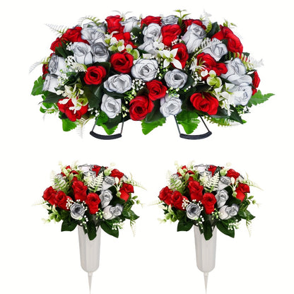 Artificial Cemetery Flowers for Grave with Saddle, Silk Rose Bouquet Headstone Decoration, Memorial Day Grave Flowers, Outdoor Grave Marker Floral Arrangement, 1/2/3 PCS