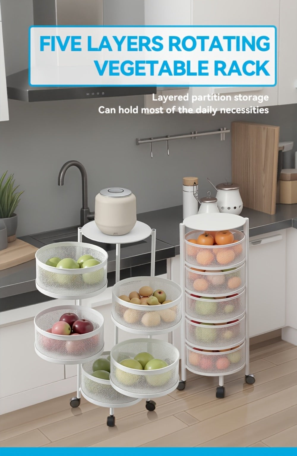 Rotating Storage Rack Multi-Tier Rolling Cart – 360° Swivel Round Floor Standing Organizer with 4 or 5 Layers, Vegetable Basket & File Rack for Kitchen, Bathroom, Office & Living Room (Black / White)