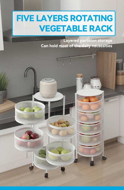 Rotating Storage Rack Multi-Tier Rolling Cart – 360° Swivel Round Floor Standing Organizer with 4 or 5 Layers, Vegetable Basket & File Rack for Kitchen, Bathroom, Office & Living Room (Black / White)