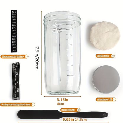 Glass Fermentation Jar Kit 24oz with Thermometer Scraper Cloth Lid Aluminum Lid and Auxiliary Label for Bread Baking Sourdough Juice Fermentation Available in 1 and 2 Pack