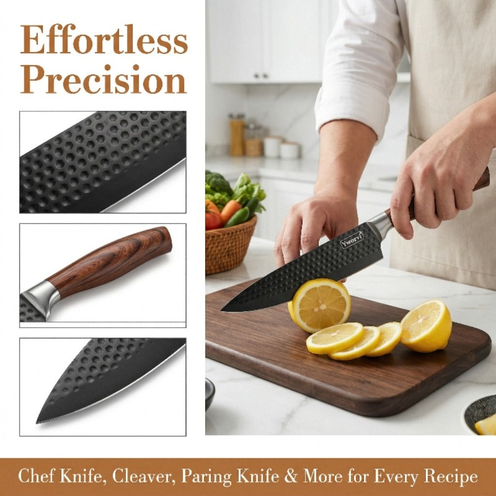 Chef Knife Set 7 Piece High Carbon Stainless Steel Ultra Sharp – Anti-Stick Ergonomic PP Handle, Includes Slicing Knife, Scraper, Scissors & Whetstone, Gift Box for Home, Family & Travel