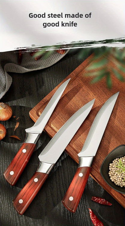 Kitchen Knife Set 3-Piece Hand Forged Stainless Steel Chef Knives with Boning Fillet & Carving Blades – Professional Butcher Set for Meat Cutting BBQ Father's Day Gift