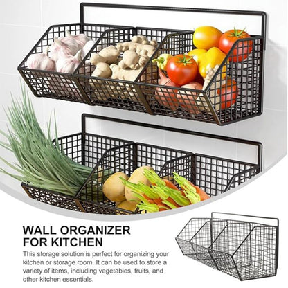 Wall Mounted Kitchen Storage Basket – Metal Wire Rack Organizer, 2 or 3 Grid Tier, Space Saving Vertical Pantry Shelf for Spices, Snacks & Beverages, Home Kitchen & Retail Store Display